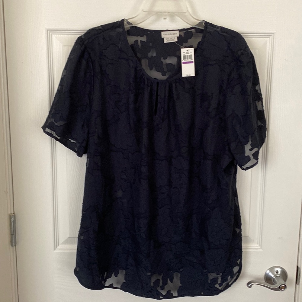 NWT Van Heusen Unlined Floral Design Navy Short Sleeve Blouse Top Size XXL